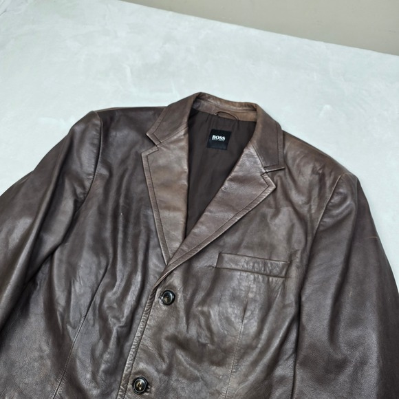 Hugo Boss Leather Blazer Jacket Mens XL 46R Brown Lamb Leather Soft! Distressed - Picture 4 of 16